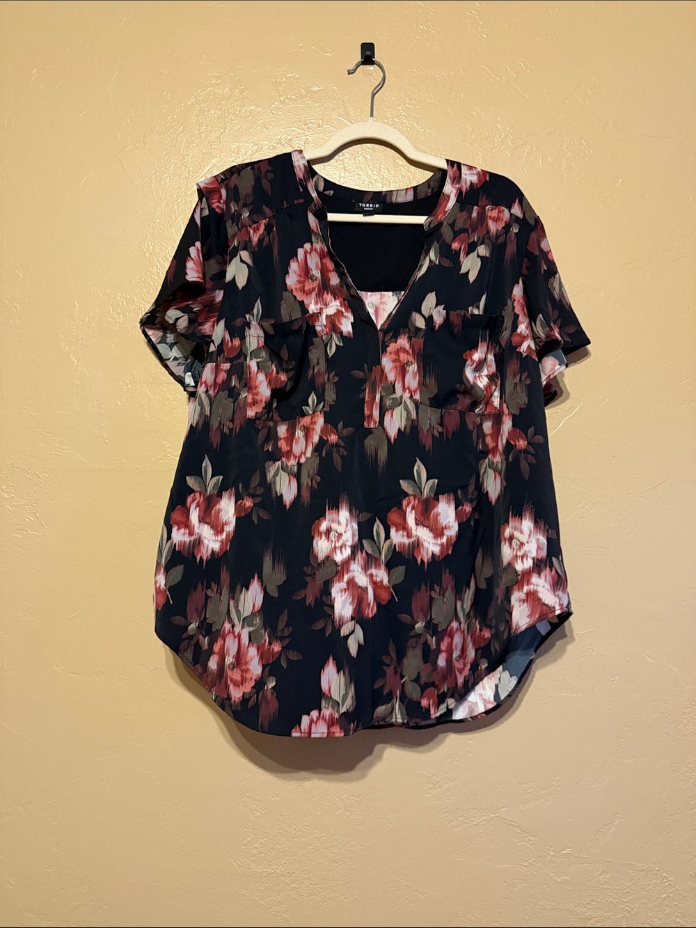 torrid Black Floral Split-Neck Blouse with Rose Print